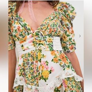 For Love And Lemons Floral Dress - Yellow, Green, White